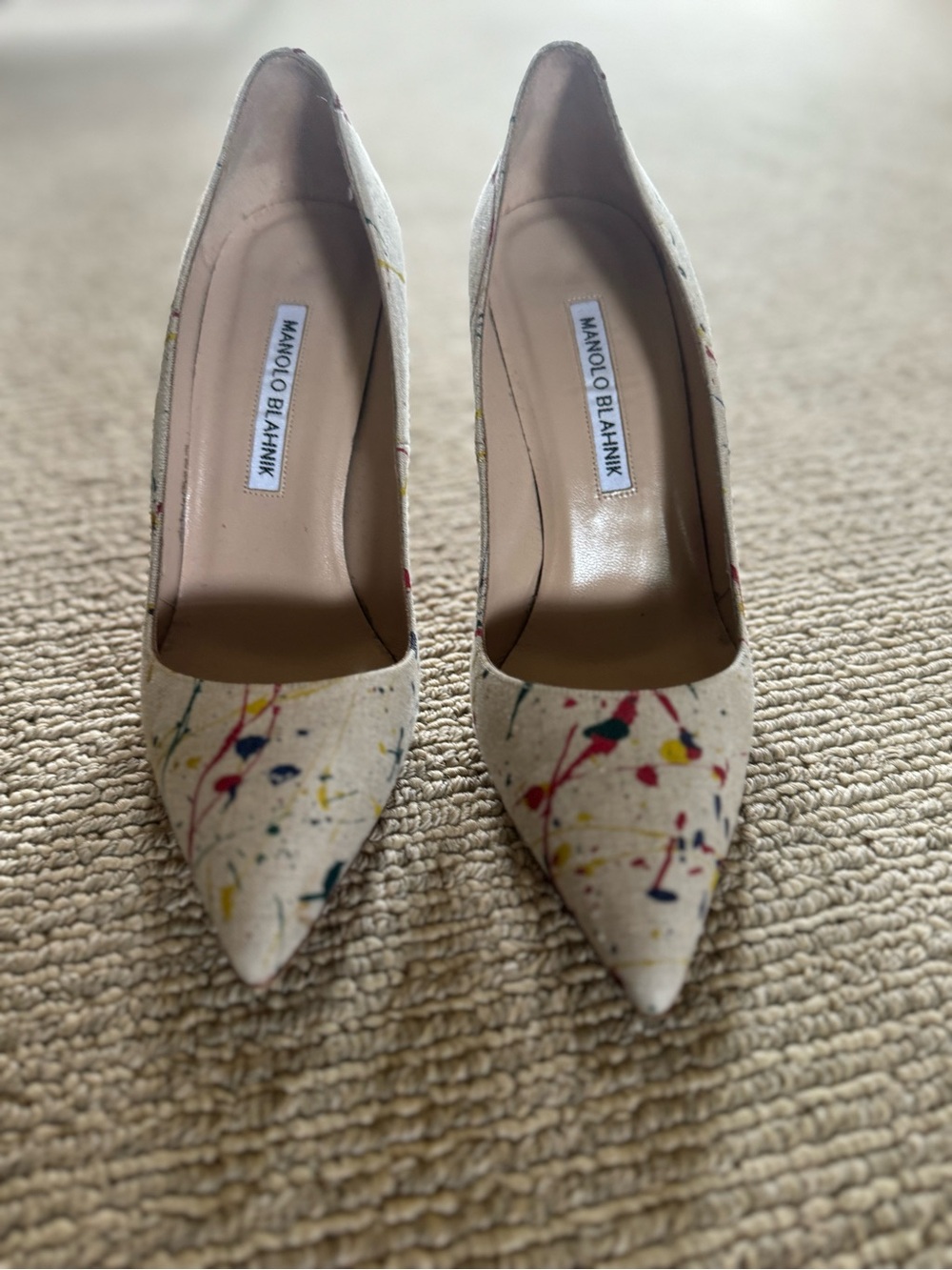 Manolo Blahnik White Multi Paint-Splatter Pointed-Toe Pumps